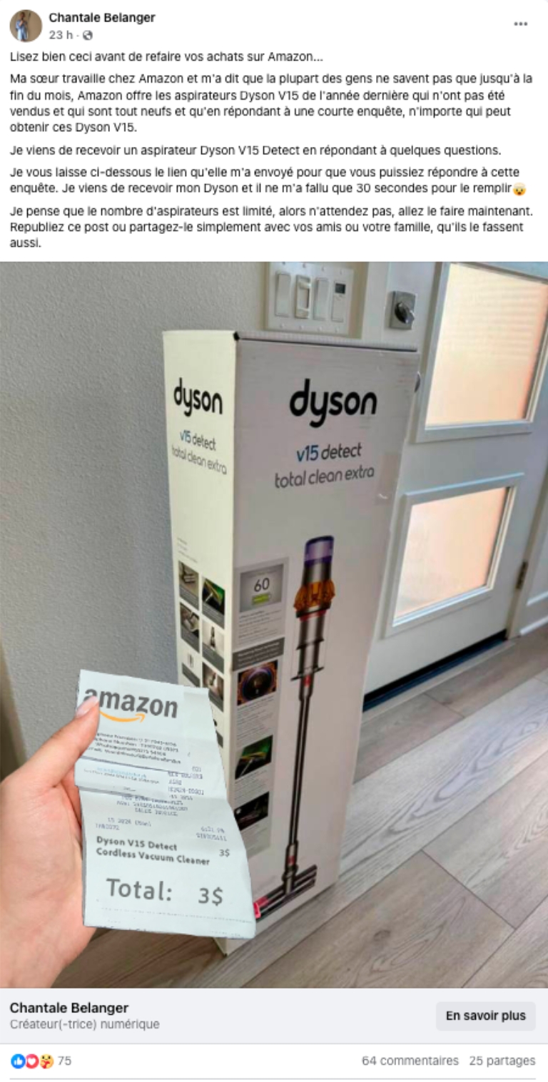Voici une publication d'un aspirateur Dyson annonc&eacute; &agrave; 3$ sur Amazon.