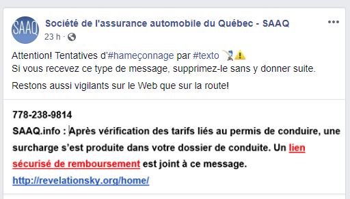 SAAQ Soci&eacute;t&eacute; de l'assurance automobile du Qu&eacute;bec avertissement fraude