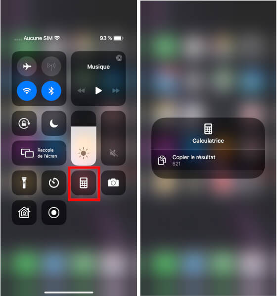 Calculatrice copier résultat centre contrôle iPhone