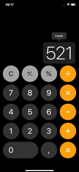 Calculatrice iPhone copier résultat