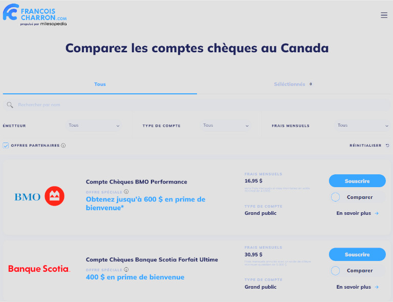 Le comparateur de compte chèque permet de voir rapidement l'ensemble des offres des banques. Image: francoischarron.com Comparateur de comptes chèques.