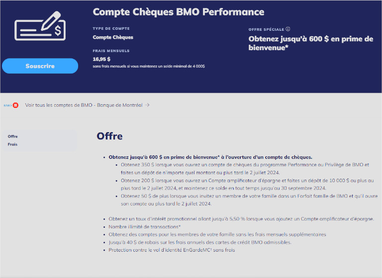 Le comparateur de compte chèque permet de savoir l'ensemble des détails d'une offre. Image: francoischarron.com Détails d'une offre sur le comparateur de compte chèque