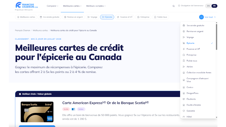 Un aperçu des différentes sections comparatives des offres et avantages des cartes de crédit. aperçu sections outil comparateur cartes crédit