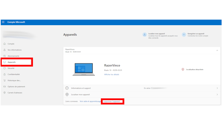 Supprimer appareil compte Outlook Hotmail Microsoft pirat&eacute;
