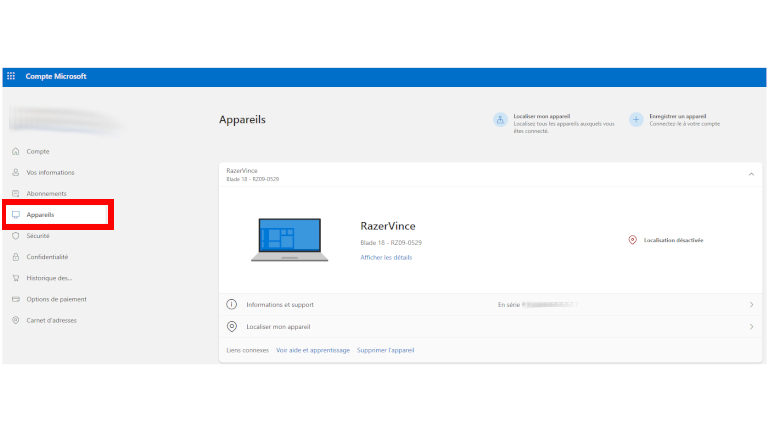 Gestion appareils compte Microsoft Outlook Hotmail
