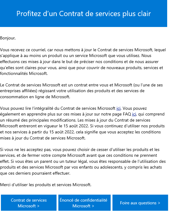 Microsoft courriel mise &agrave; jour contrat de services