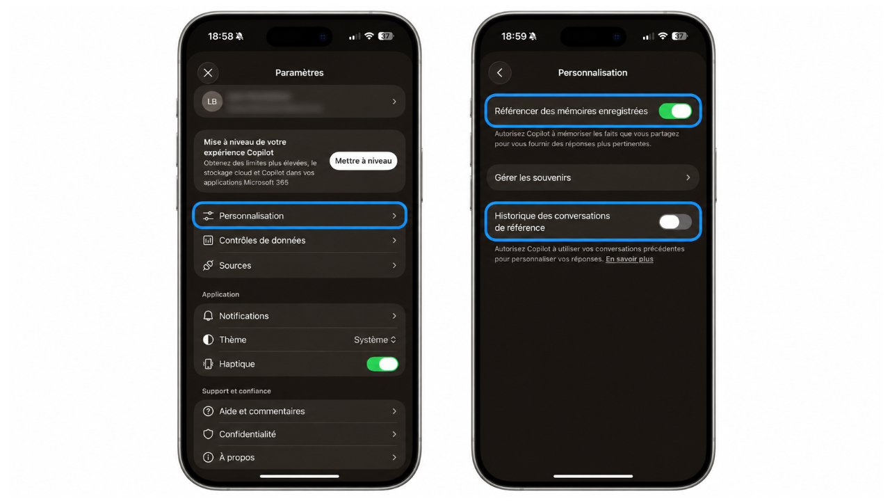 Dans Copilot, activez la m&eacute;moire et l&rsquo;historique pour personnaliser davantage les r&eacute;ponses.