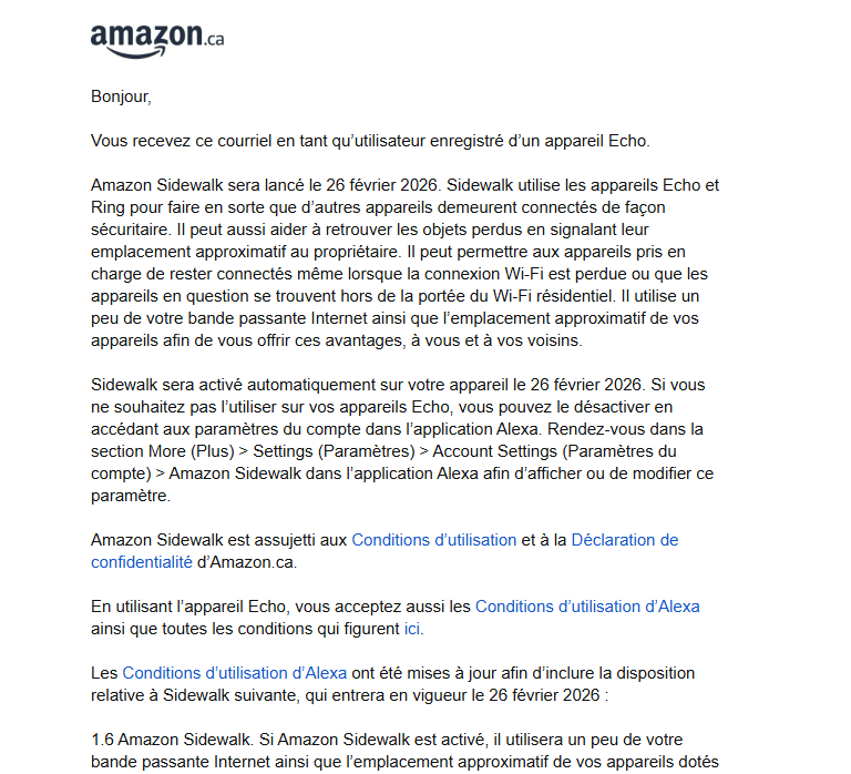 Courriel d'Amazon au sujet de Sidewalk
