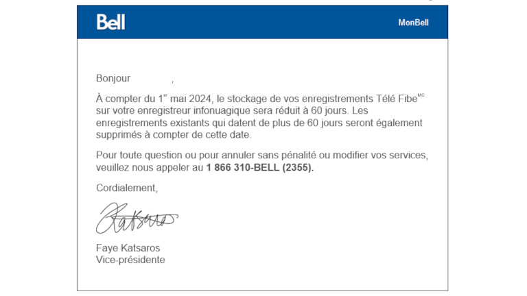 Le courriel que Bell envoie pour les enregistrement T&eacute;l&eacute; Fibe