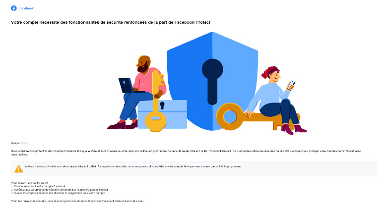 Un aperçu du courriel reçu par plusieurs utilisateurs Facebook. courriel Facebook Protect Security Facebook mail