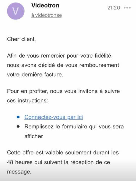 Courriel remboursement Vidéotron