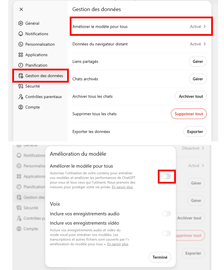 Voici comment emp&ecirc;cher ChatGPT de s'entra&icirc;ner avec vos donn&eacute;es.