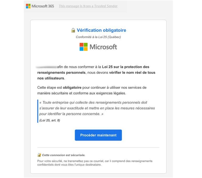 Faux courriel de Microsoft sur la Loi 25