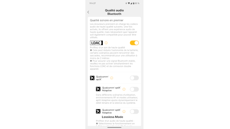 On peut changer le codec Hi-Res des EarFun Air Pro 4 dans l'application de EarFun. Choix de codec écouteurs EarFun Air Pro 4
