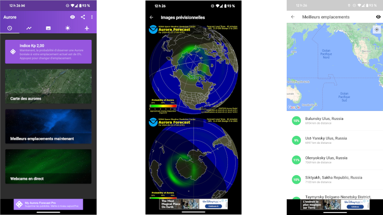 My Aurora Forecast fournit plusieurs informations sur l'emplacement des aurores boréales.