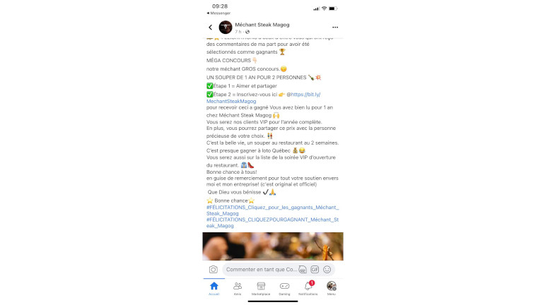 Voici un exemple d'un faux concours publié par une fausse page Facebook d'entreprise. Exemple faux concours entreprise