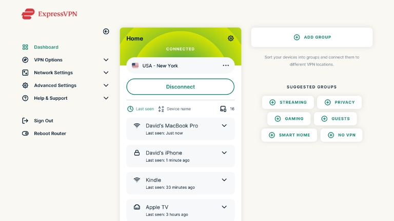Tableau de bord de ExpressVPN
