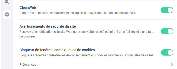 Un aperçu du bloqueur de « pop-ups » de cookies offert avec l’extension Surfshark. extension Surfshark aperçu bloqueur fenêtre cookies