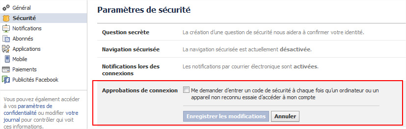 Facebook approbation connexion