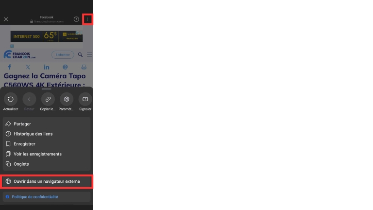 Utiliser le menu des trois points dans le navigateur interne pour forcer l'ouverture dans le navigateur externe.