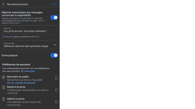On peut activer une r&eacute;ponse automatique g&eacute;r&eacute;e par l'IA sur Facebook Marketplace.