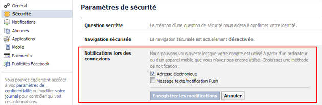 Facebook notifications connexion