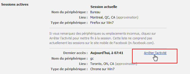Facebook sessions actives