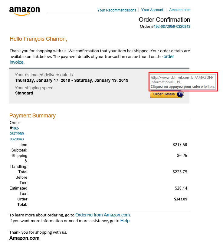 Courriel hame&ccedil;onnage Amazon