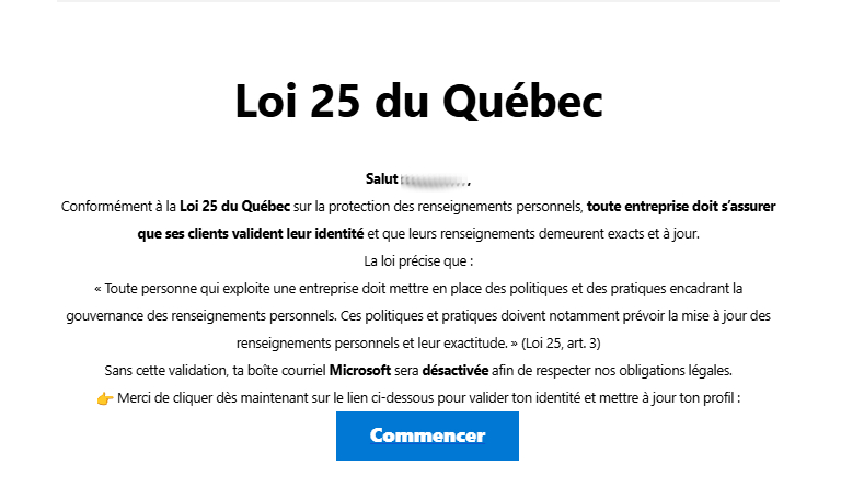 Faux courriel Microoft Loi 25