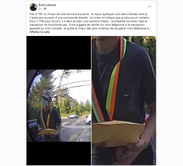 Publication Facebook exemple fraude livreur frais r&eacute;clam&eacute;s