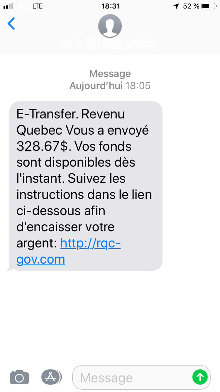 Fraude texto message texte E-Transfer Revenu Quebec