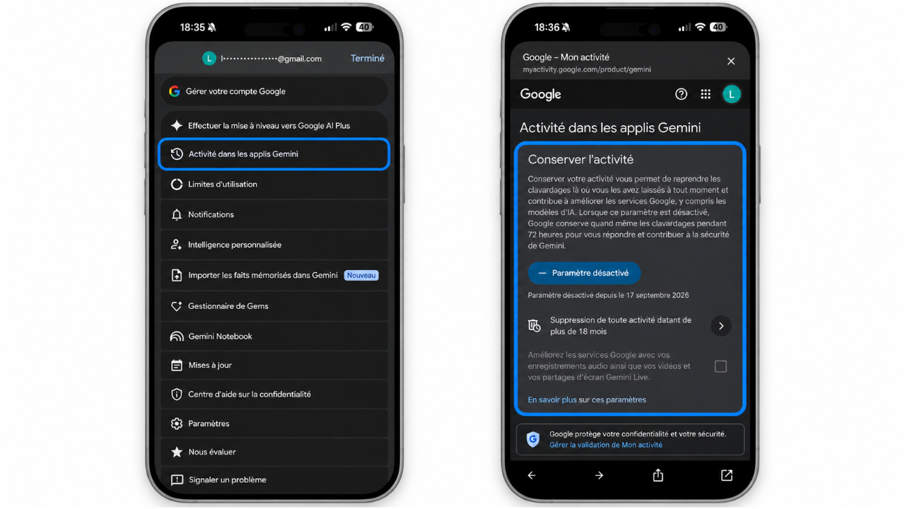 Dans Gemini, vous pouvez d&eacute;sactiver &laquo; Activit&eacute; dans les applis Gemini &raquo; pour limiter l&rsquo;utilisation de vos conversations.
