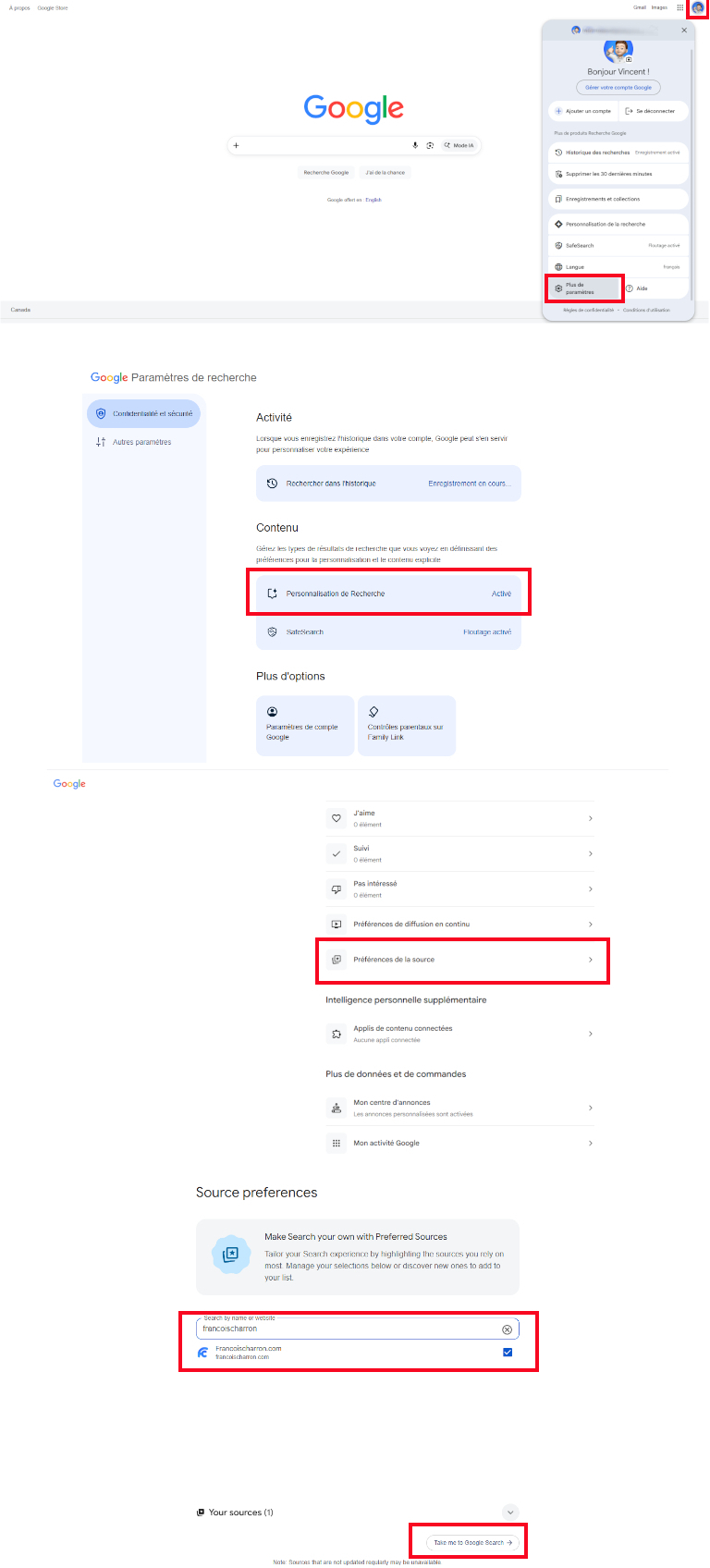Choisir source favorite recherche Google Overview
