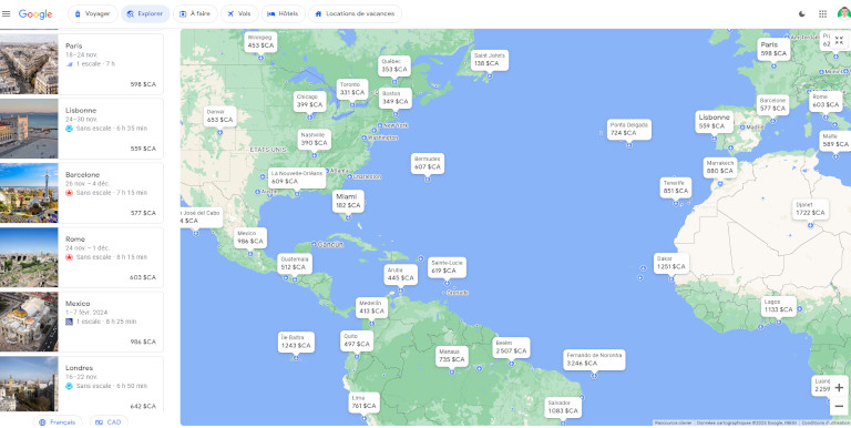 Grâce à la map de Google Flight, on peut rapidement voir les destinations de voyage pas chers. Map Google Flight