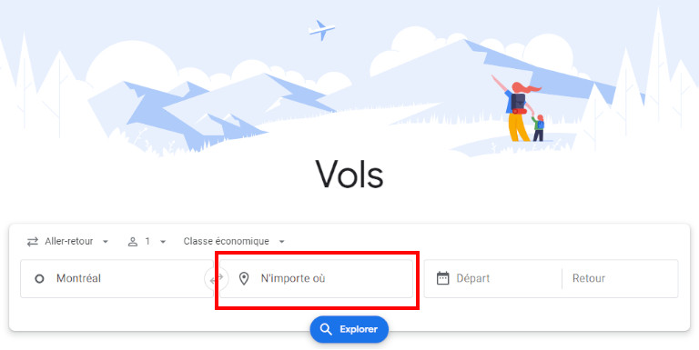 Dans le champ pour la destination de Google Flight, on doit inscrire: N'importe où pour voir des prix fous! Google Flight destination n'importe où