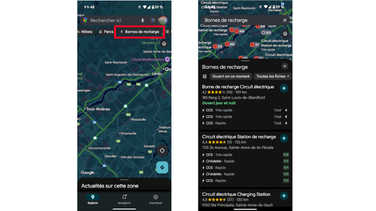 Google Maps localiser bornes électriques