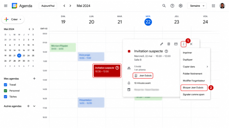 Pour bloquer un exp&eacute;diteur dans Google Agenda, ouvrez l&rsquo;invitation, puis utilisez le menu &agrave; trois points.