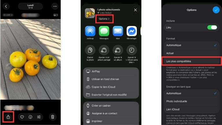 Convertir HEIC en JPG sur iPhone avec l'application Photos.
