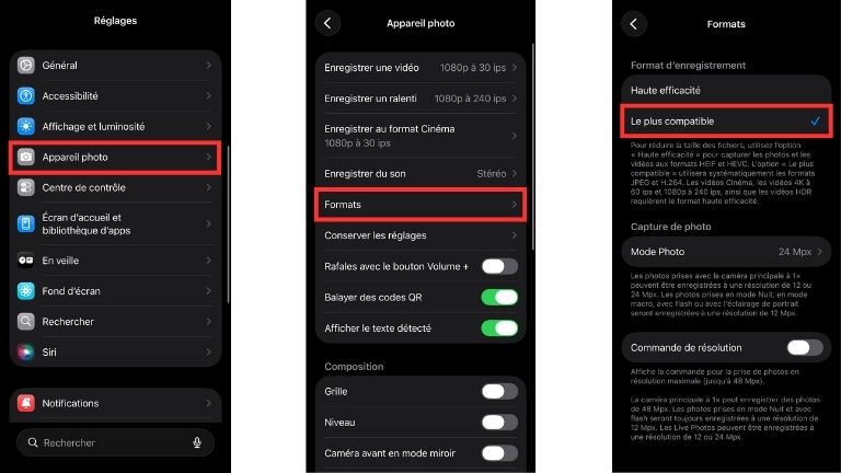 Voici comment enlever le mode HEIC dans les réglages du iPhone.