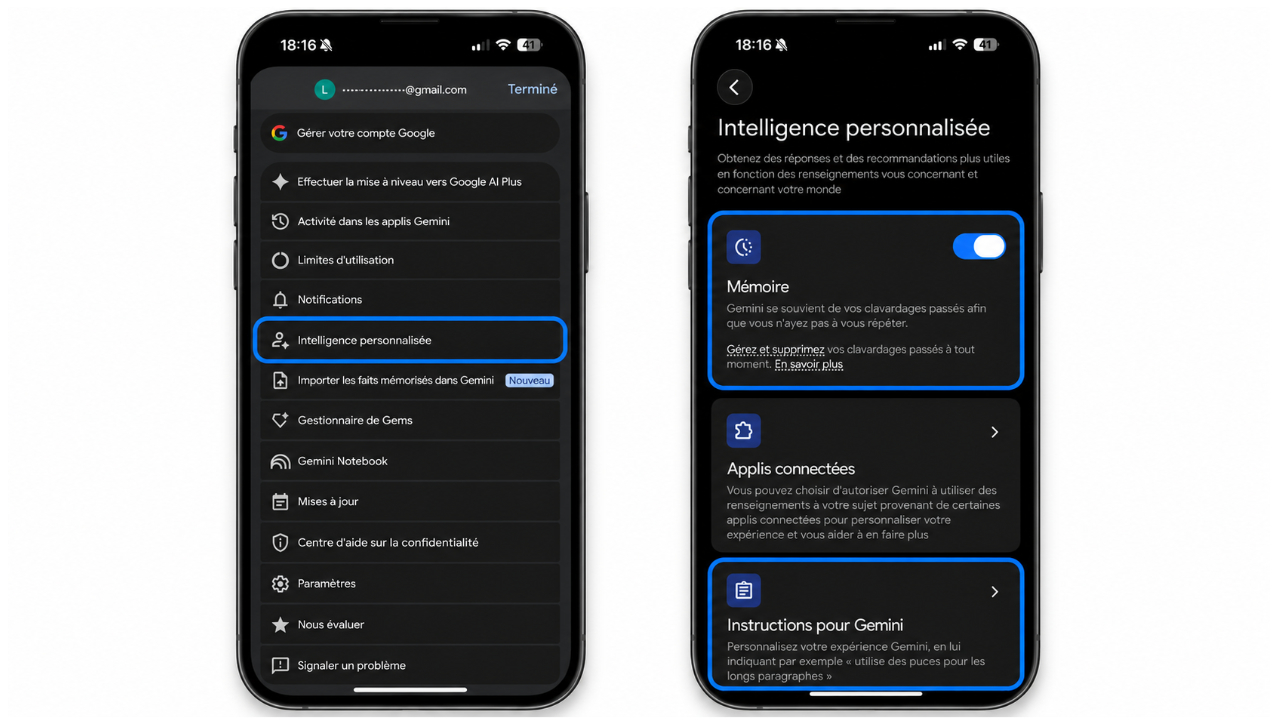Gemini permet de g&eacute;rer sa m&eacute;moire et ses instructions depuis le menu Intelligence personnalis&eacute;e.