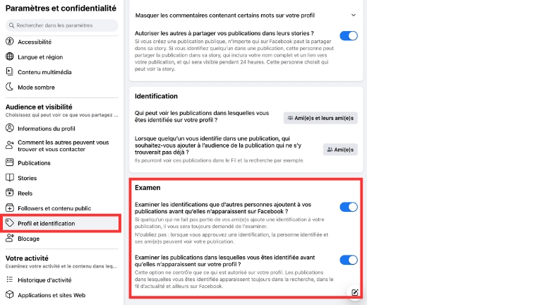 comment examiner et valider identification publications facebook profil
