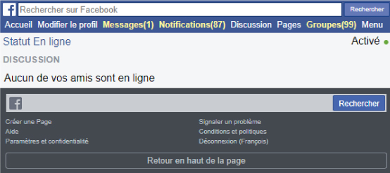interface facebook basique et statut en ligne de vos amis