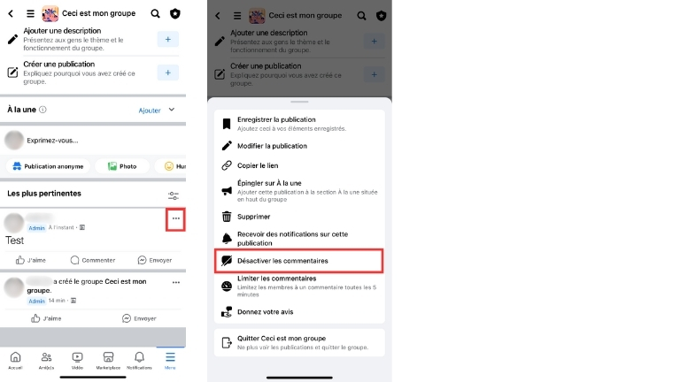 Voici les &eacute;tapes pour d&eacute;sactiver les commentaires sur une publication d'un Groupe Facebook &agrave; partir de l'application mobile
