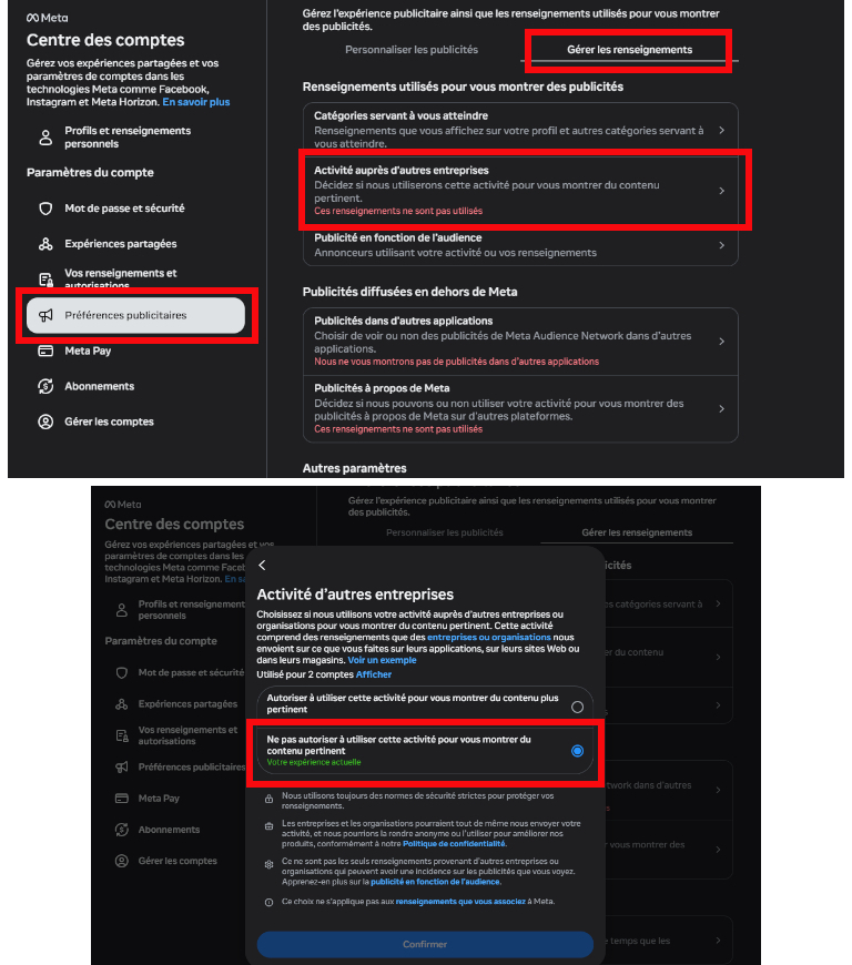 Meta d&eacute;sactiver activit&eacute;s en dehors Facebook ordinateur