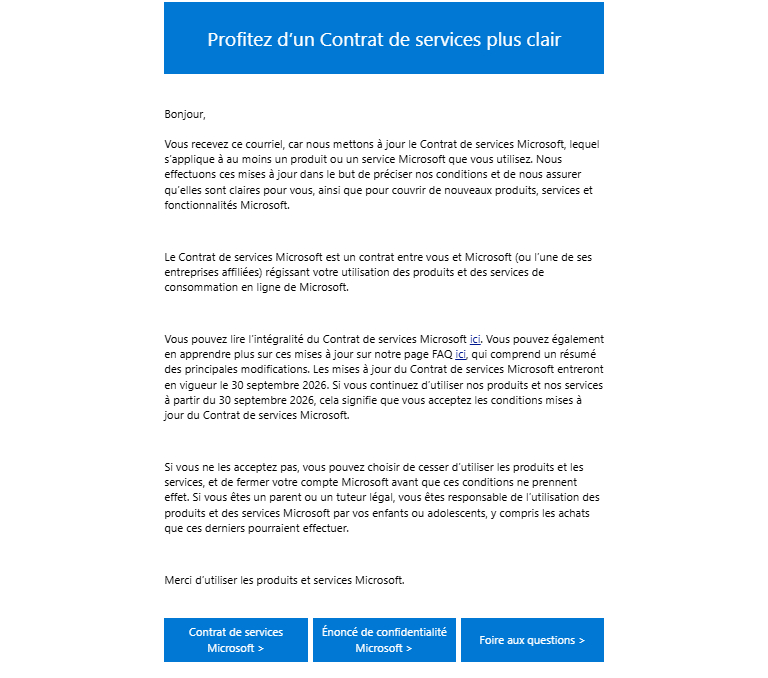 Microsoft courriel mise à jour contrat de services