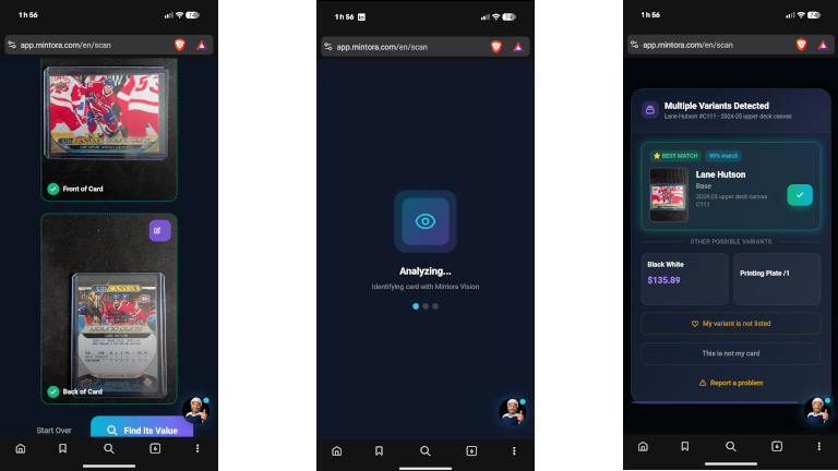 Il suffit de prendre deux photos de sa carte de hockey et Mintora vous donne sa valeur. Mintora valeur cartes de hockey
