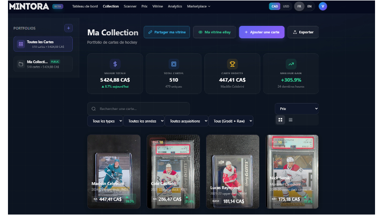 Mintora permet d'avoir un tableau simplifié pour suivre la valeur de vos cartes de hockey. Mintora valeur cartes de hockey