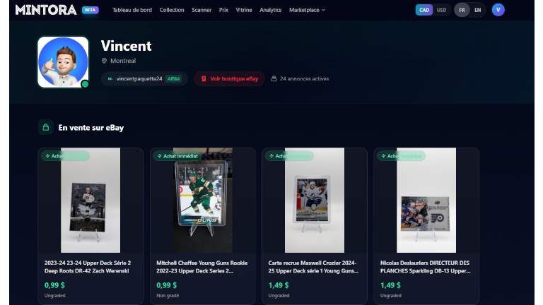 En liant votre compte eBay, vous pouvez exposer vos cartes en vente à la communauté sur Mintora Vente carte de hockey eBay Mintora