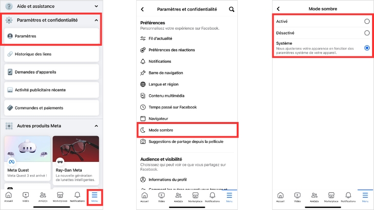 Étapes pour activer le mode sombre sur Facebook à partir d'un iPhone, iPad ou téléphone ou tablette Android