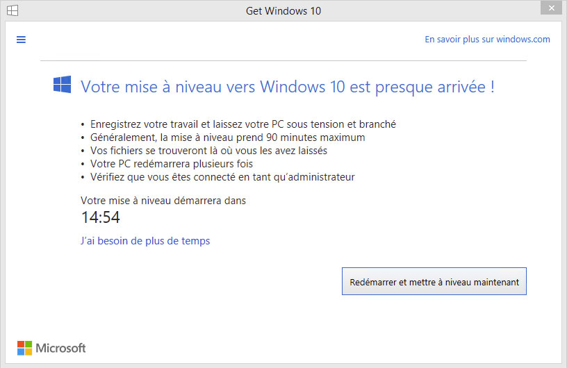Mise niveau Windows 10